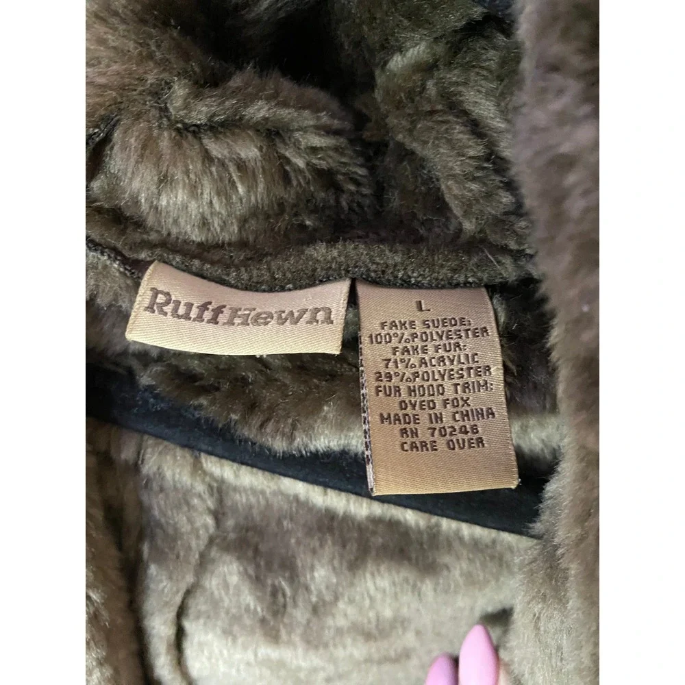 RuffHewn Faux‎ Suede Fur Trim Hooded Coat Womens Large Brown Afghan Parka